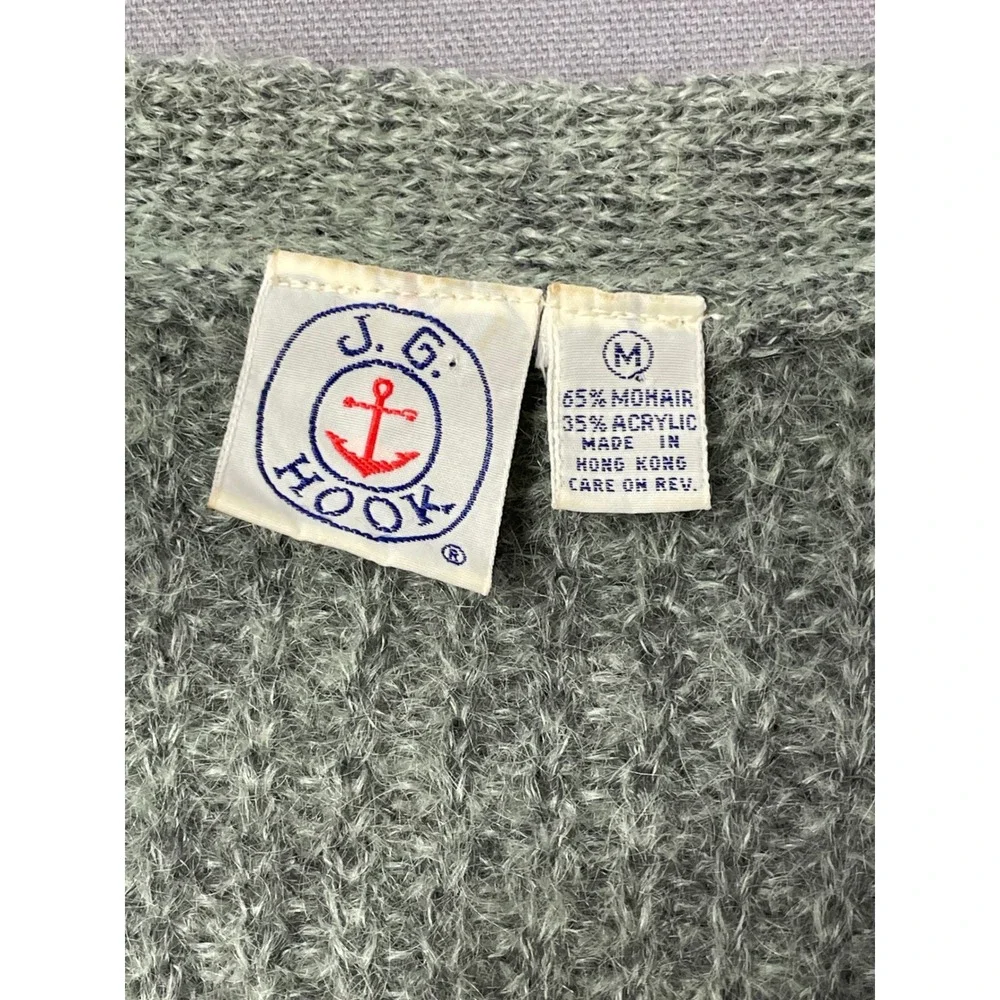 90s Vintage J.G. Hook Grey Fuzzy Mohair Knit V-Neck Cardigan Sweater Size Medium